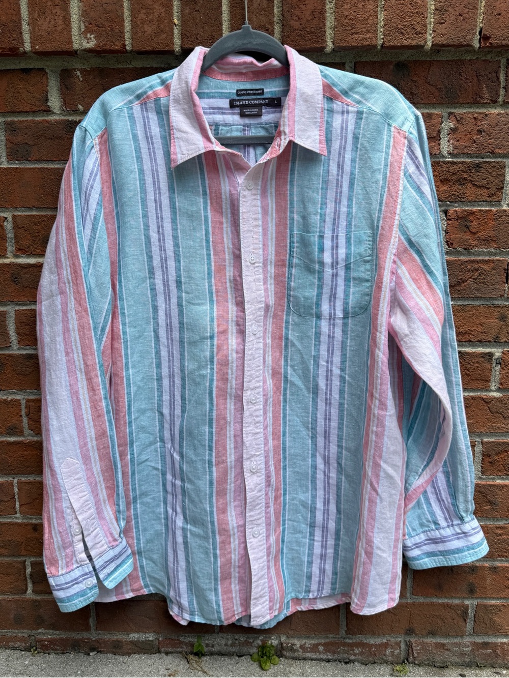 Island Company Classic Striped Shirt Linen Button Down Size Large Men’s